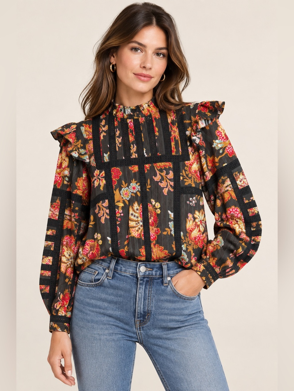 Sea New York Black Floral Keely Eyelet Ruffle Top, Size 6